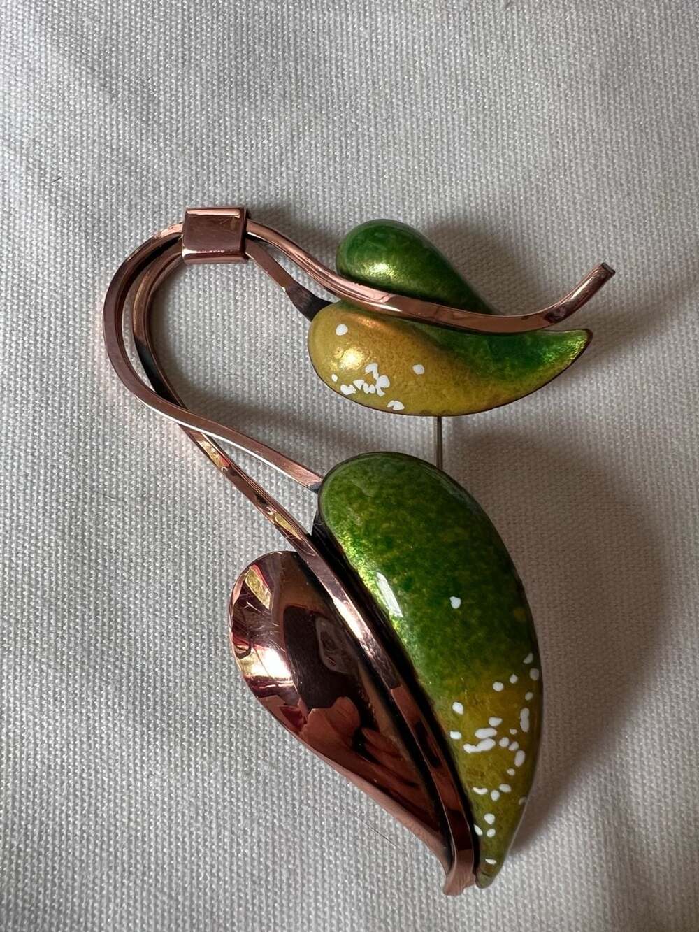 Vintage Matisse Renoir Green and Yellow Enameled Copper Leaf Clip-On Earrings